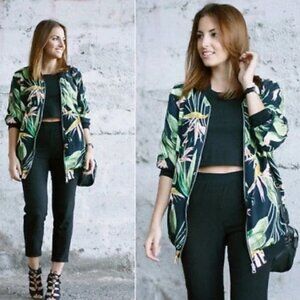 ZARA Tropical Print Jacket Small Oversized Bomber Zip Front Viscose Black
